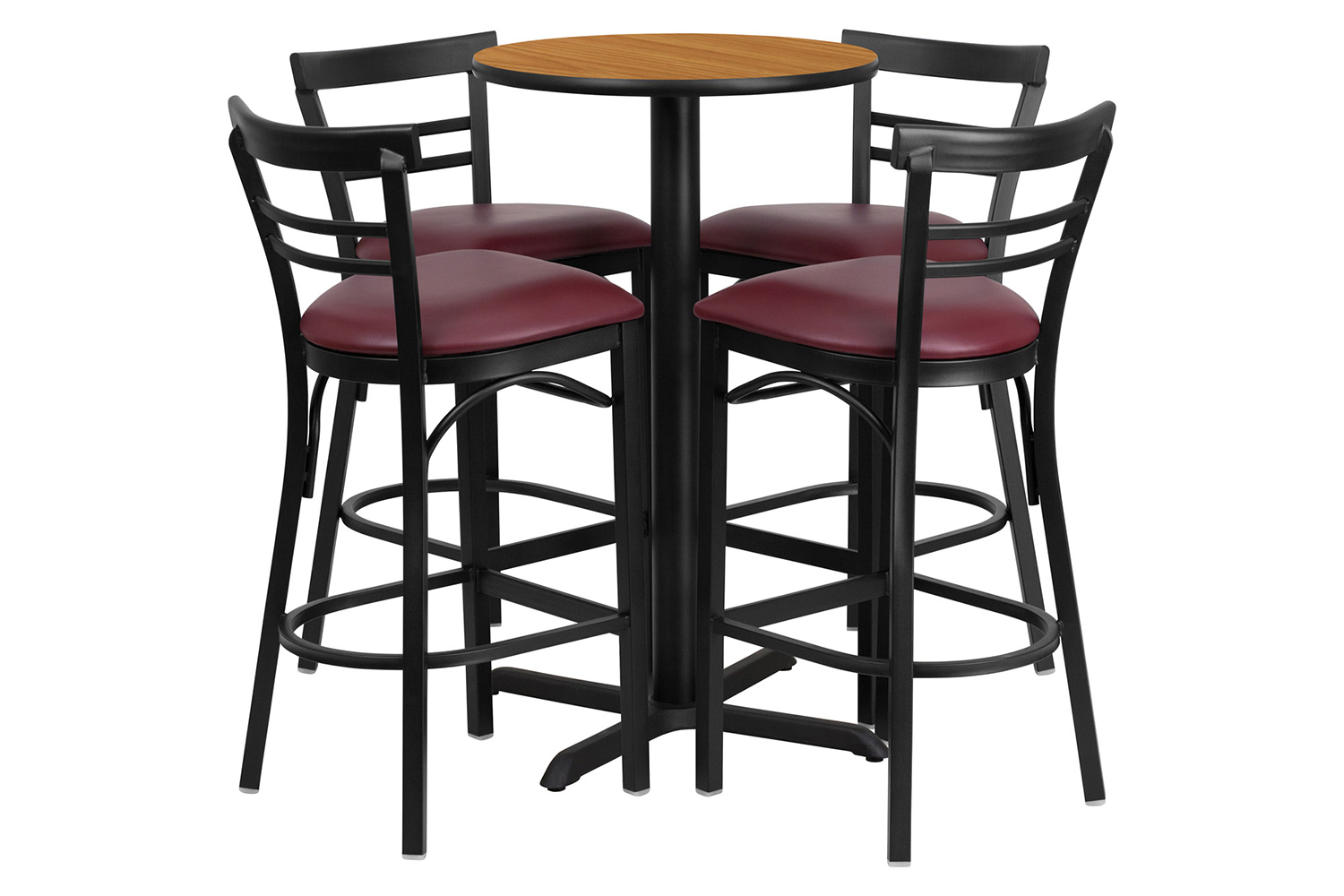 BLNK Carlton Round Laminate Table Set with X-Base and 4 Two-Slat Ladder Back Metal Bar Stools with Burgundy Vinyl Seat - Natural