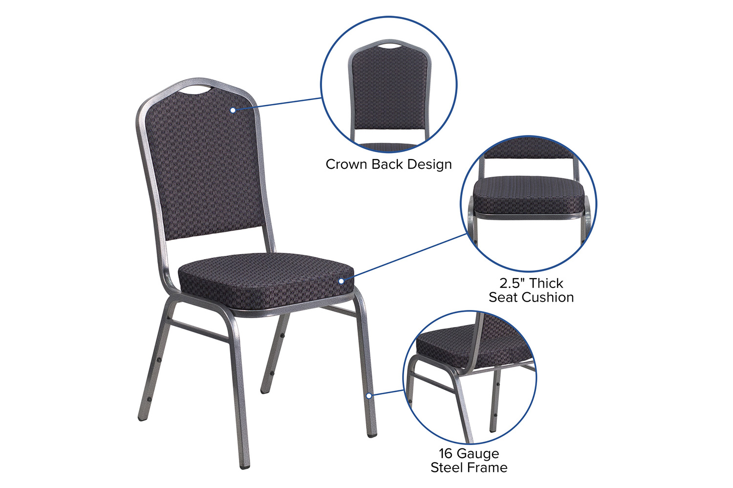 BLNK HERCULES Series Fabric Crown Back Stacking Banquet Chair with Silver Vein Frame - Black Patterned