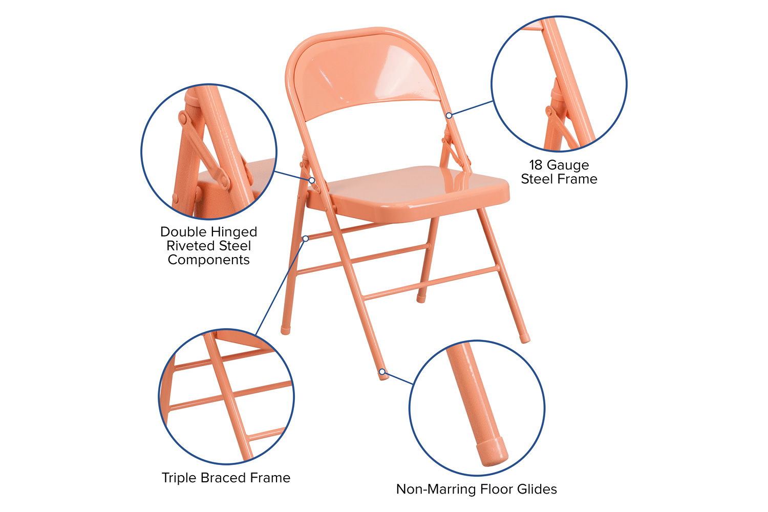 BLNK HERCULES COLORBURST Series Metal Triple Braced and Double Hinged Folding Chair - Sedona Coral