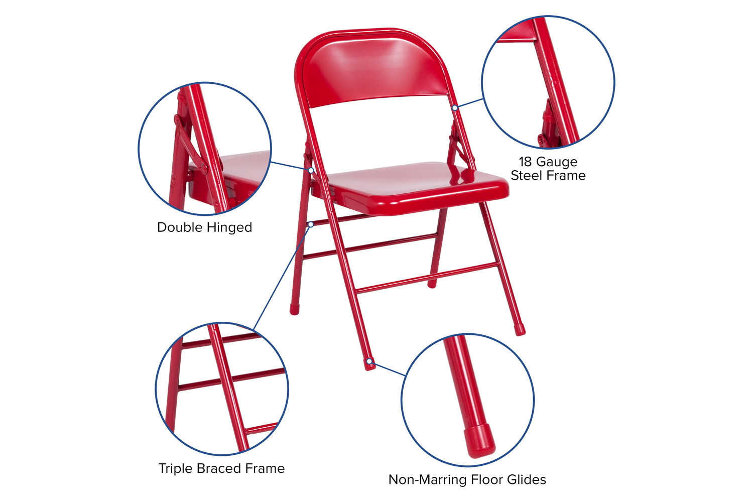 BLNK HERCULES Series Triple Braced and Double Hinged Metal Folding Chair - Red