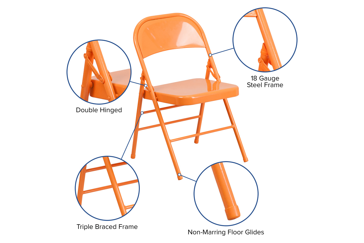 BLNK HERCULES COLORBURST Series Metal Triple Braced and Double Hinged Folding Chair - Orange Marmalade