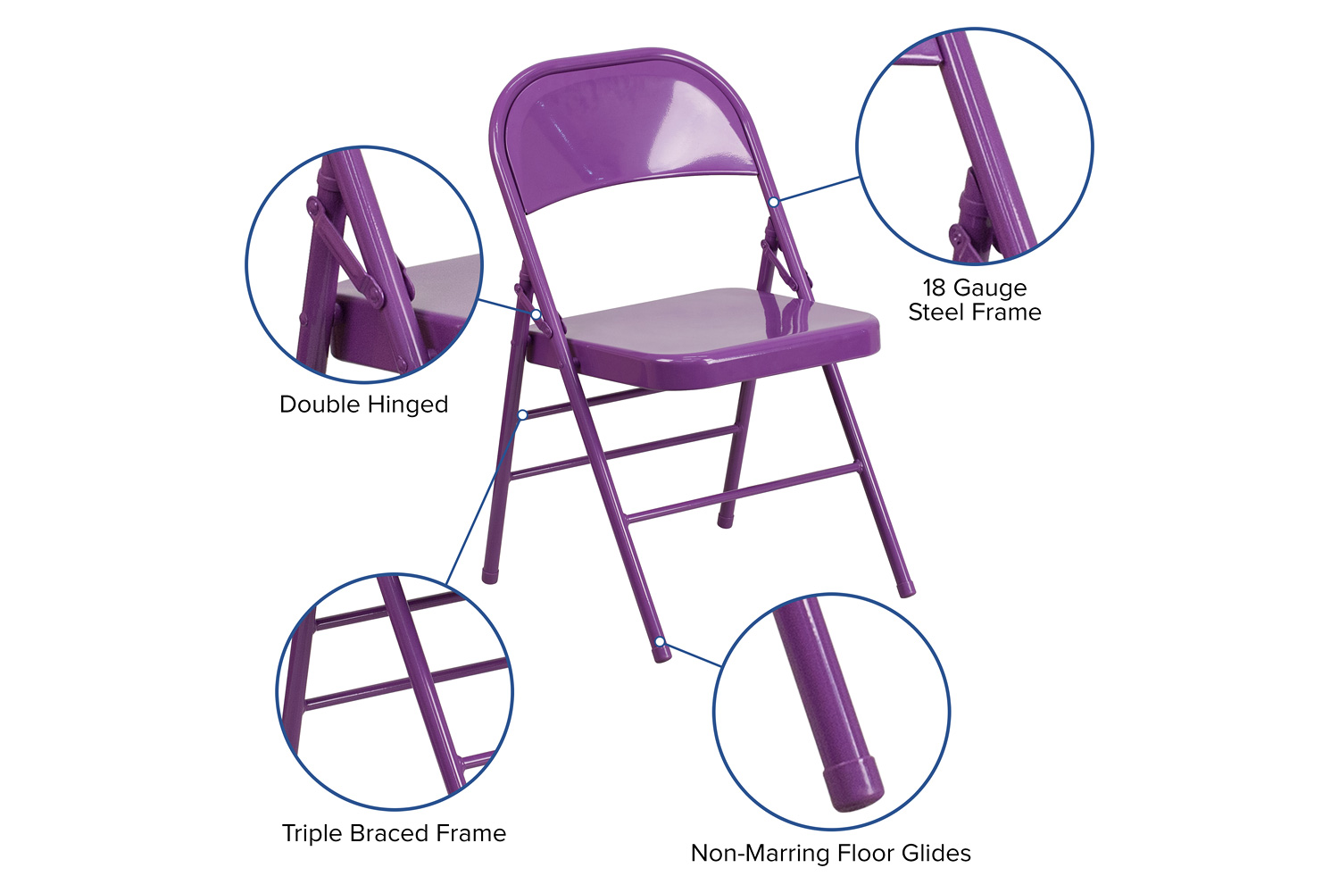 BLNK HERCULES COLORBURST Series Metal Triple Braced and Double Hinged Folding Chair - Impulsive Purple