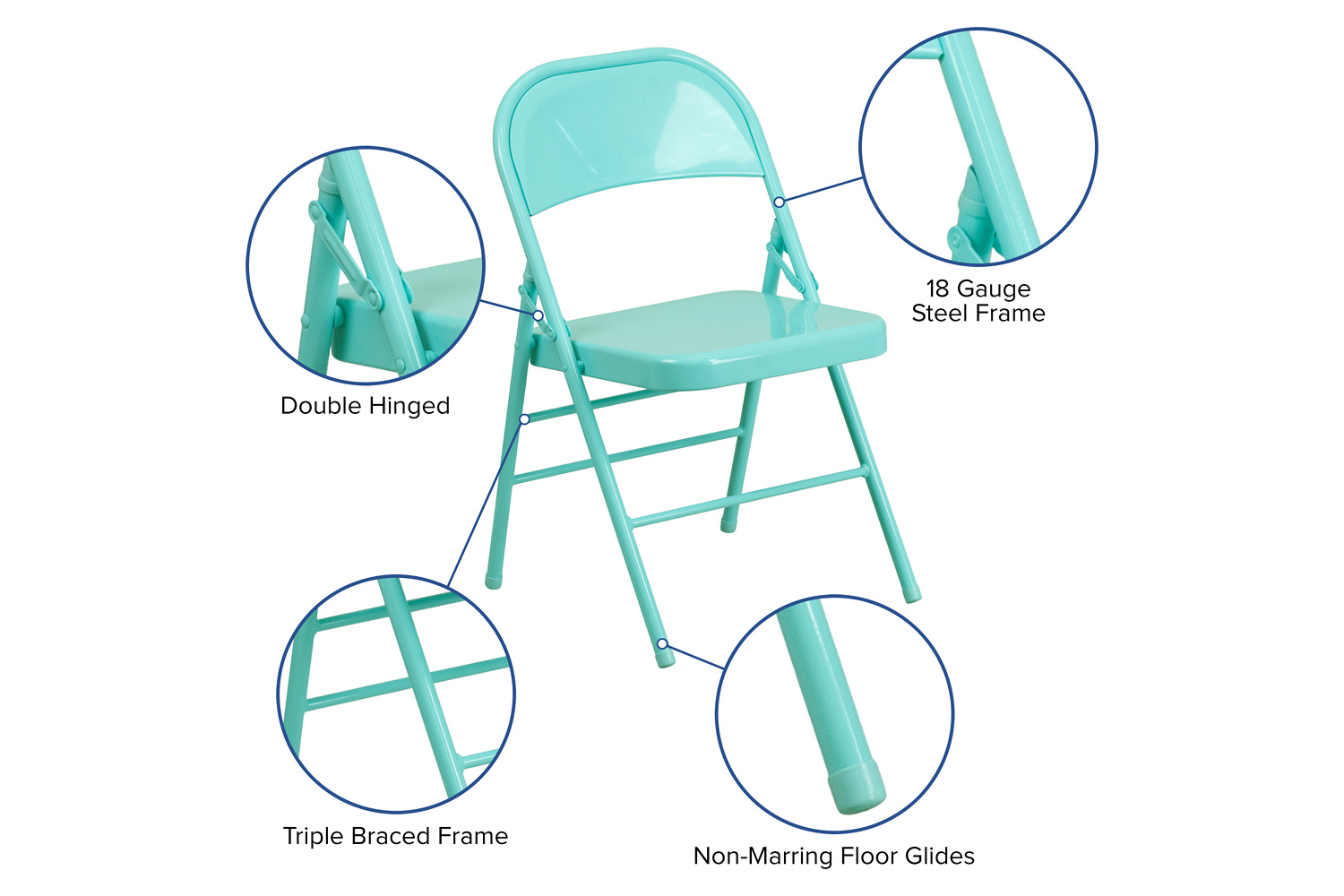BLNK HERCULES COLORBURST Series Metal Triple Braced and Double Hinged Folding Chair - Tantalizing Teal
