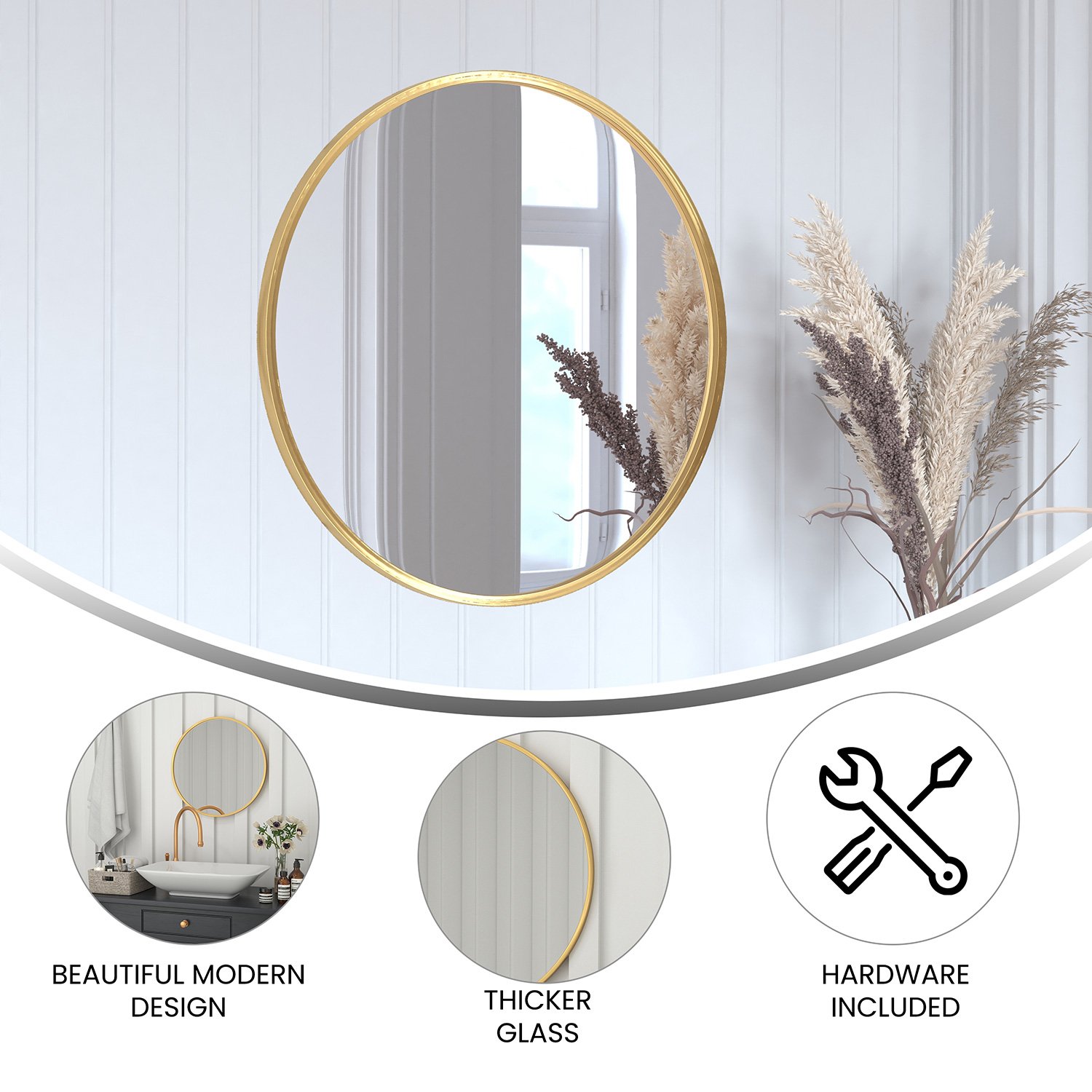 BLNK Julianne Style 2 Round Metal Framed Wall Mirror - Gold, 24"D