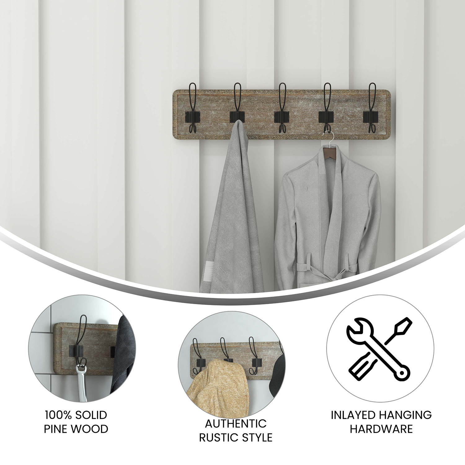 BLNK Daly Wall Mounted Solid Pine Wood Storage Rack with 5 Hooks - Weathered