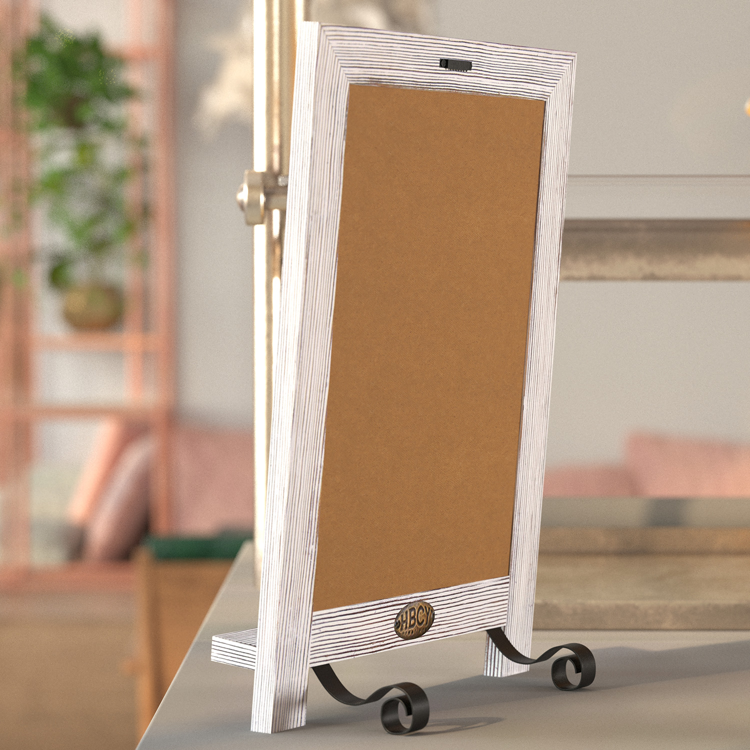 BLNK Canterbury Whitewashed Tabletop Magnetic Chalkboard Sign with Metal Scrolled Legs - 9.5"W x 14"H