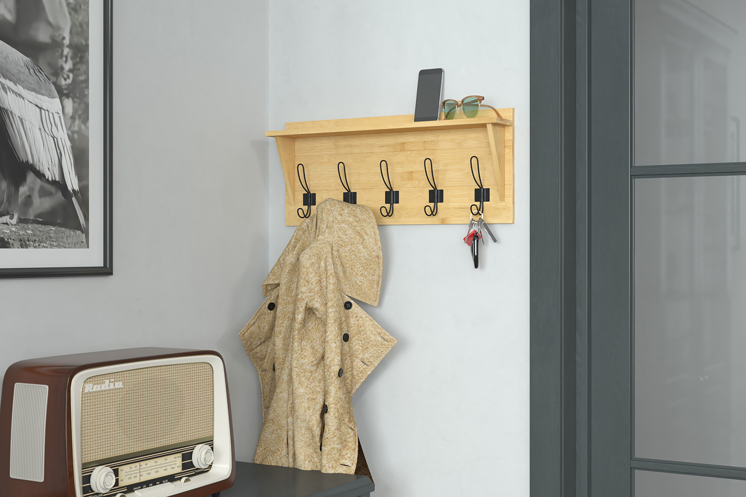 BLNK - Daly Wall Mounted Solid Pine Wood Storage Rack with Upper Shelf and 5 Hooks