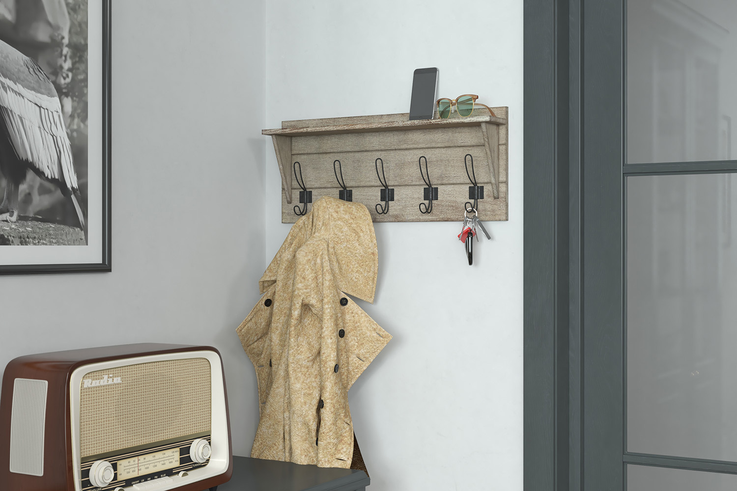 BLNK - Daly Wall Mounted Solid Pine Wood Storage Rack with Upper Shelf and 5 Hooks