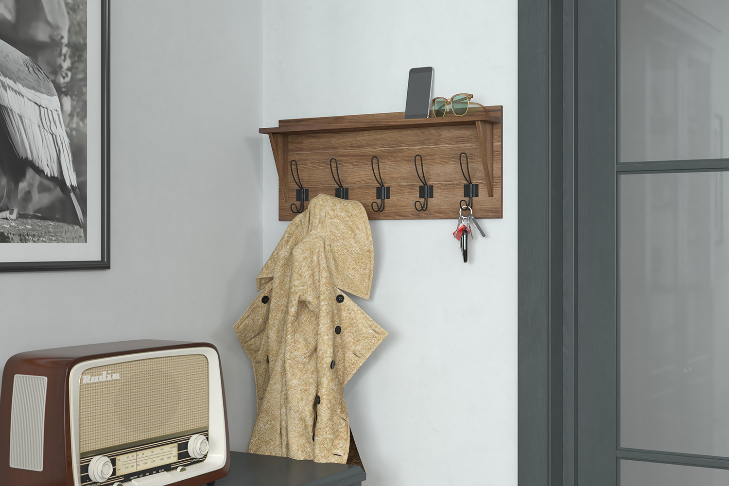 BLNK - Daly Wall Mounted Solid Pine Wood Storage Rack with Upper Shelf and 5 Hooks