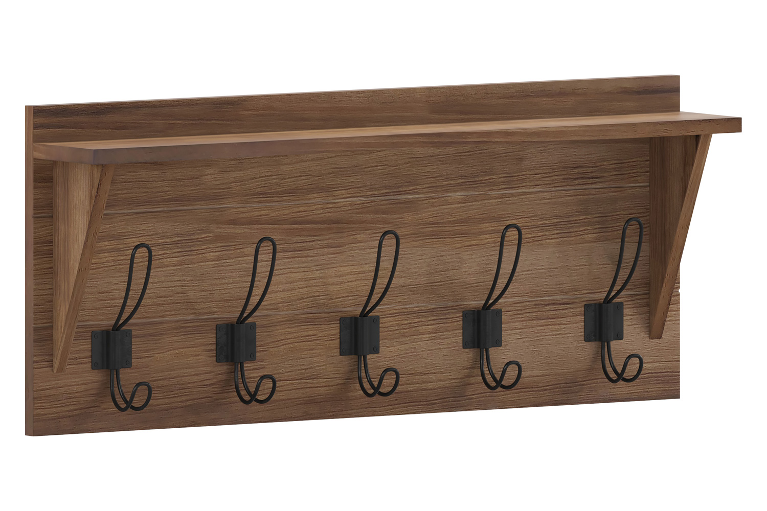 BLNK Daly Wall Mounted Solid Pine Wood Storage Rack with Upper Shelf and 5 Hooks - Rustic Brown