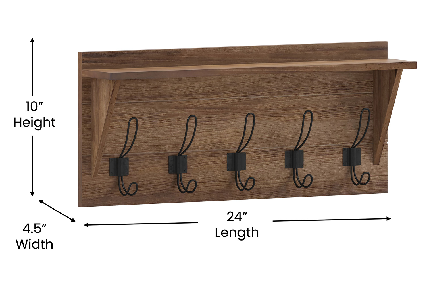 BLNK Daly Wall Mounted Solid Pine Wood Storage Rack with Upper Shelf and 5 Hooks - Rustic Brown