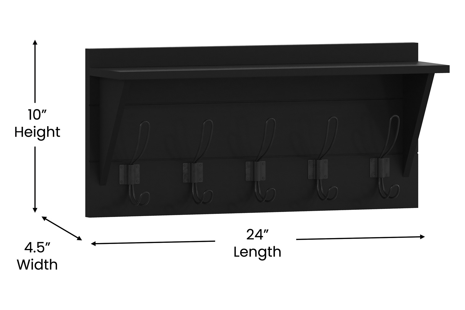 BLNK Daly Wall Mounted Solid Pine Wood Storage Rack with Upper Shelf and 5 Hooks - Black