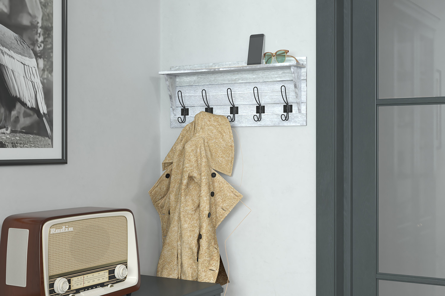 BLNK - Daly Wall Mounted Solid Pine Wood Storage Rack with Upper Shelf and 5 Hooks