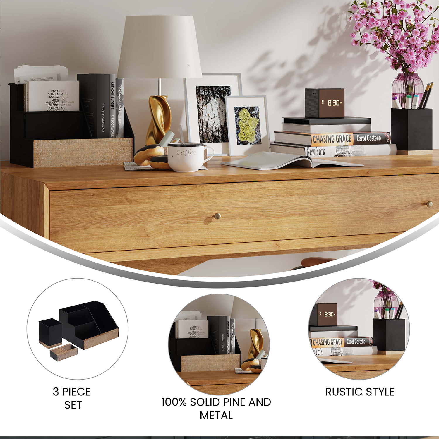 BLNK Comerford Metal and Rustic Wood Organizer Set 3 Piece - Black