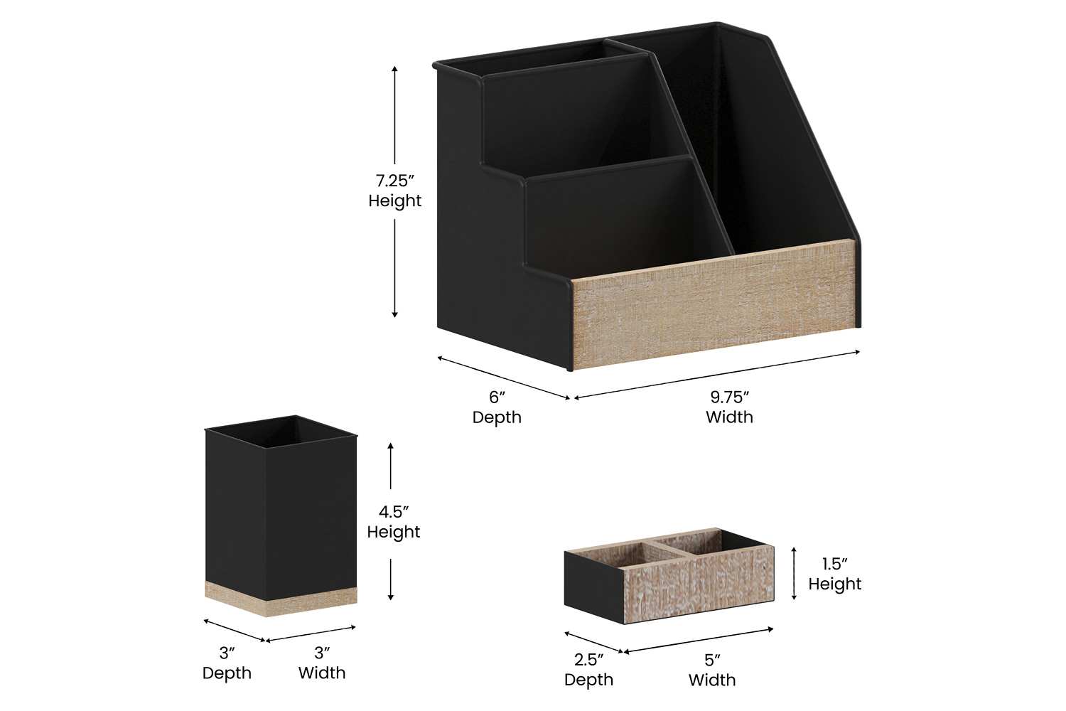 BLNK Comerford Metal and Rustic Wood Organizer Set 3 Piece - Black