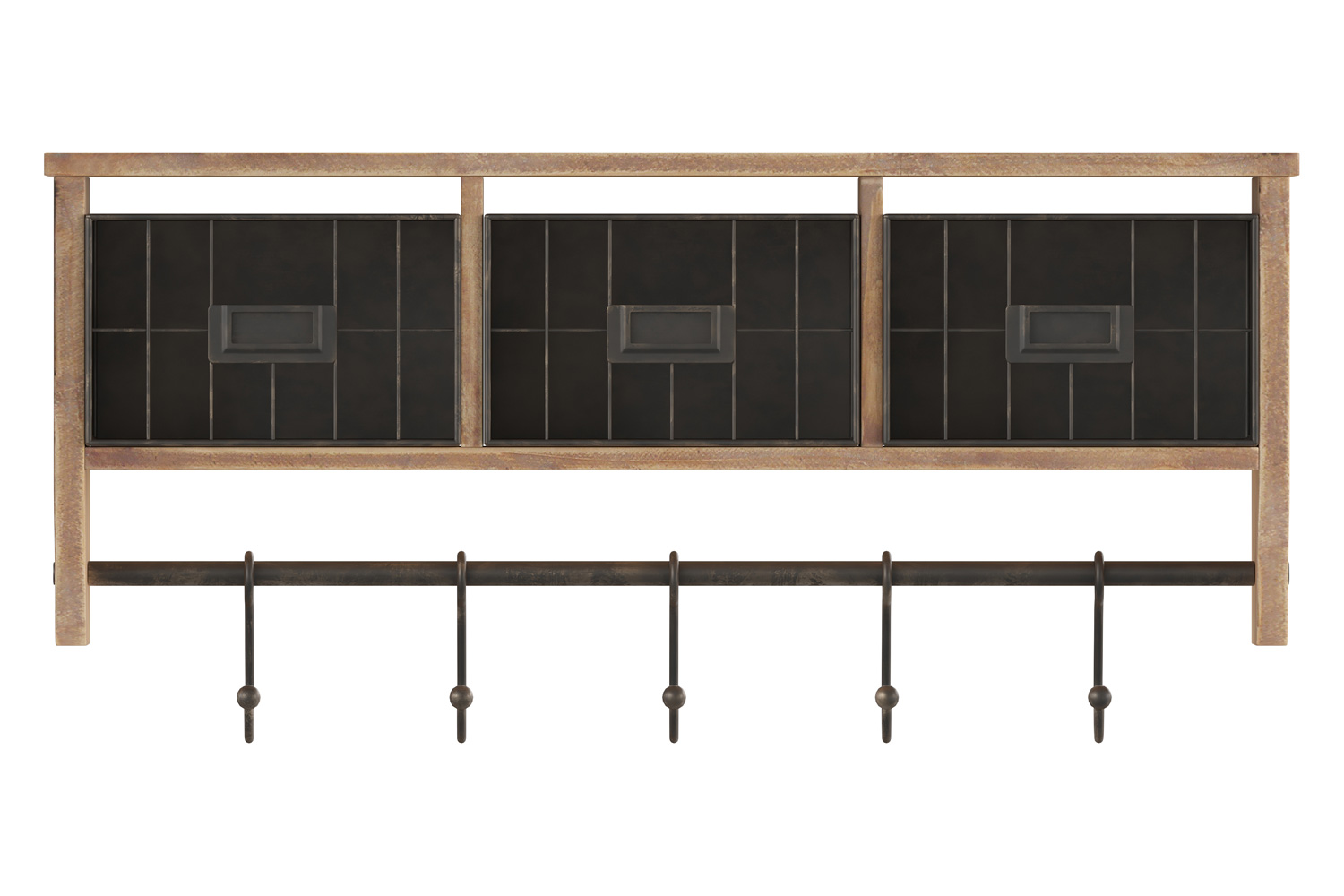 BLNK Daly Wall Mounted Solid Pine Wood Storage Rack with Upper Shelf, 5 Hooks and Wire Baskets - Rustic Brown