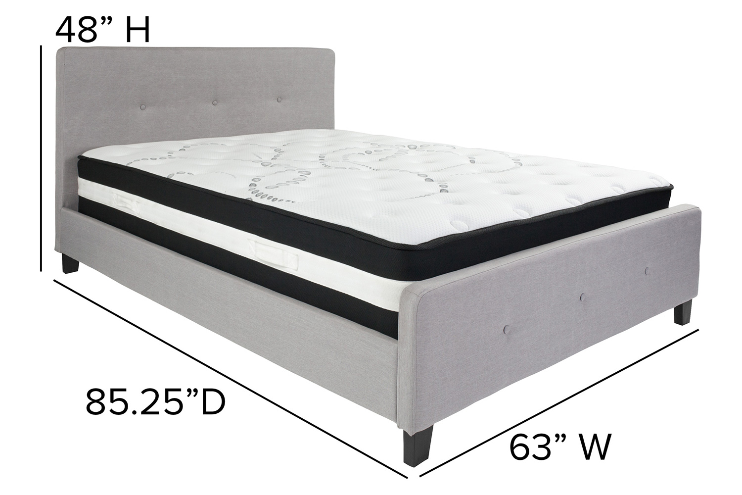 BLNK Tribeca Tufted Upholstered Platform Bed with Pocket Spring Mattress - Light Gray, Queen Size