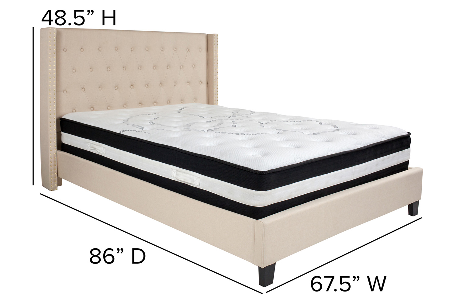 BLNK Riverdale Tufted Upholstered Platform Bed with Pocket Spring Mattress - Beige, Queen Size