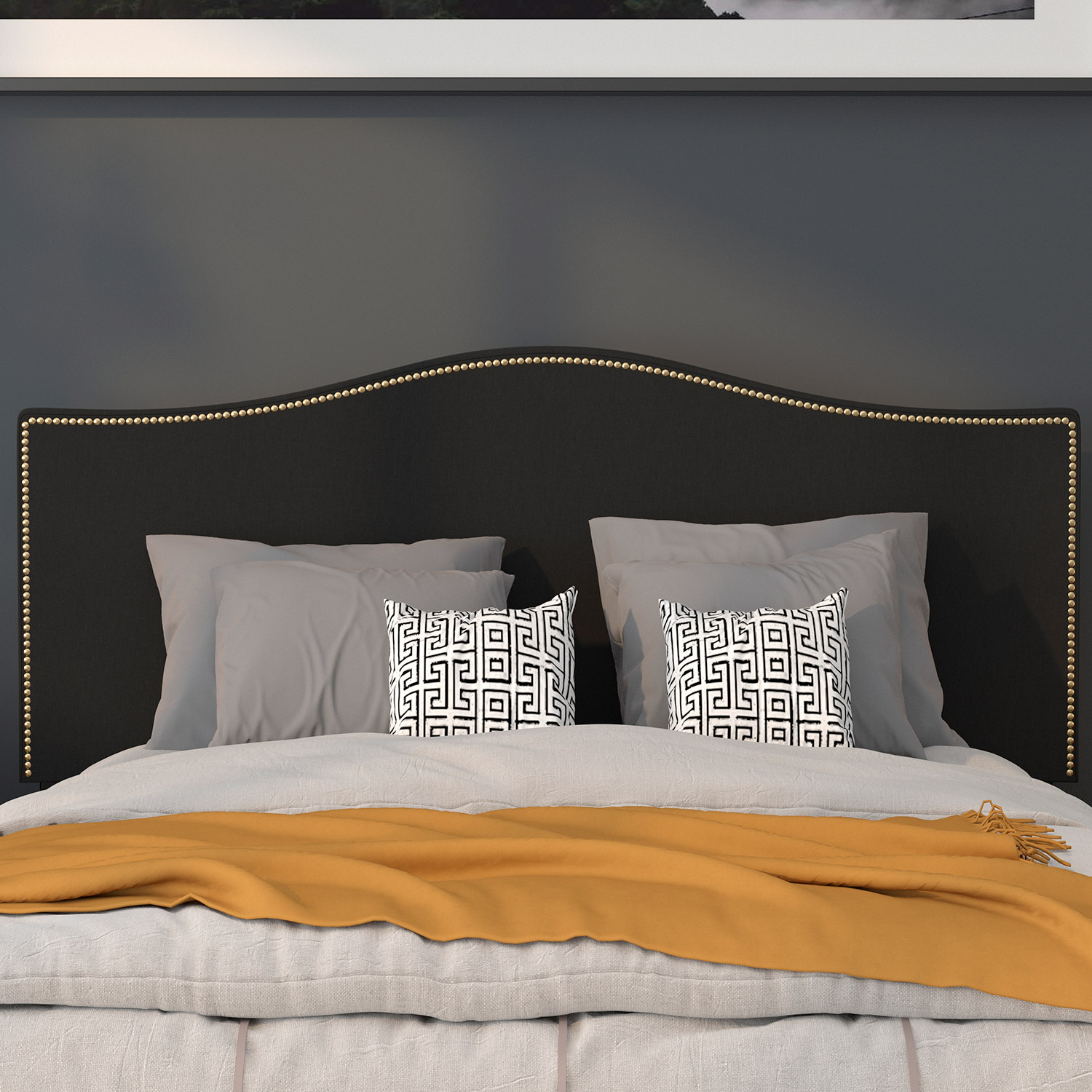 BLNK Lexington Fabric Upholstered Headboard with Accent Nail Trim - Black, Full Size
