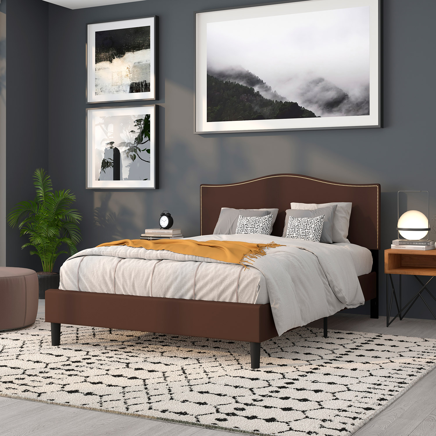 BLNK Lexington Fabric Upholstered Headboard with Accent Nail Trim - Dark Brown, Queen Size