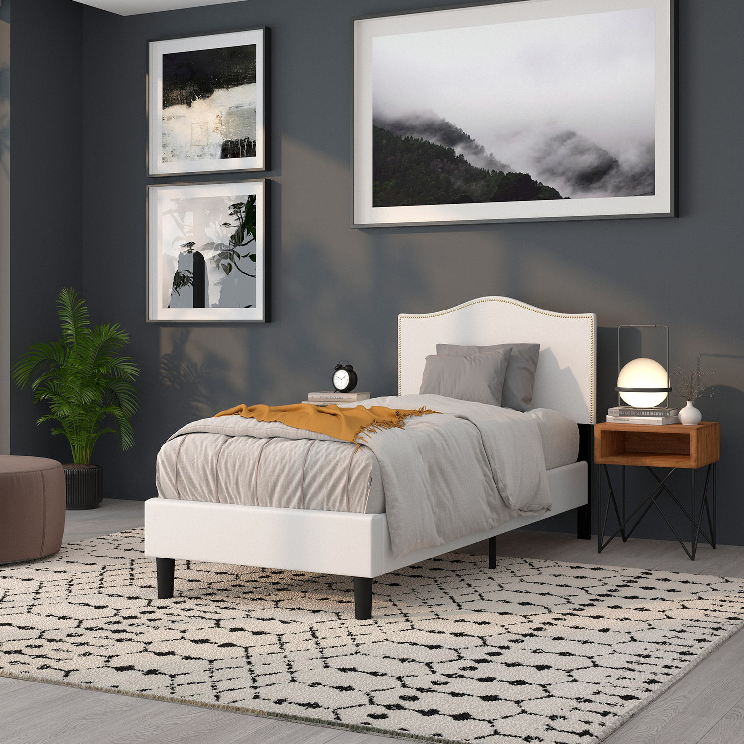 BLNK Lexington Fabric Upholstered Headboard with Accent Nail Trim - White, Twin Size
