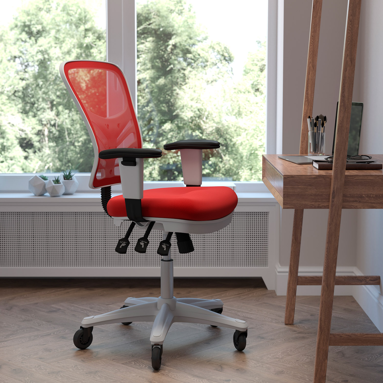 BLNK - Nicholas Mid-Back Mesh Multifunction Executive Swivel Ergonomic Office Chair with Adjustable Arms, Transparent Roller Wheels, and White Frame