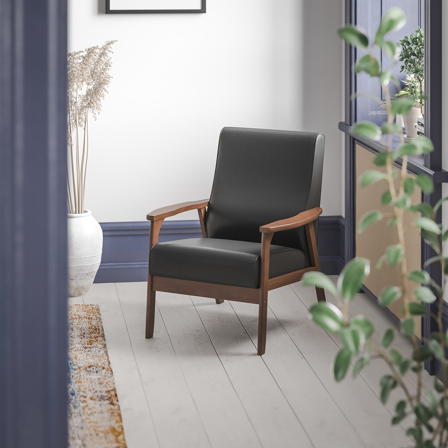 BLNK - Langston Commercial LeatherSoft Upholstered Mid Century Modern Arm Chair with Walnut Finished Wooden Frame and Arms