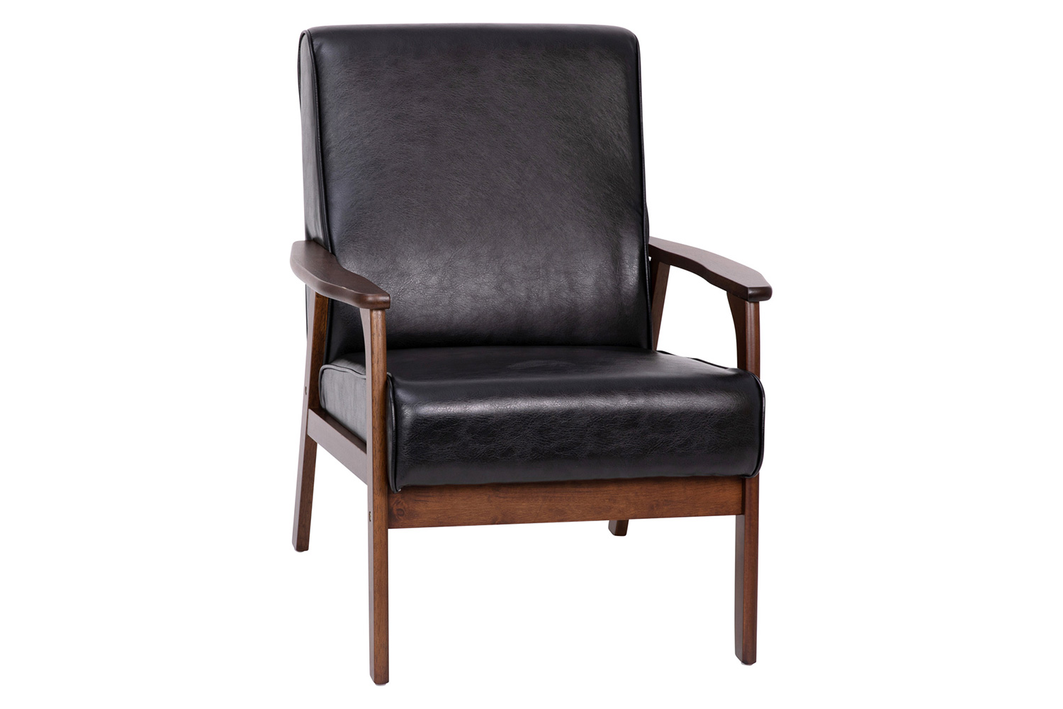 BLNK Langston Commercial LeatherSoft Upholstered Mid Century Modern Arm Chair with Walnut Finished Wooden Frame and Arms - Black
