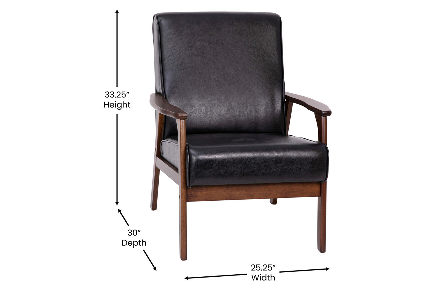 BLNK Langston Commercial LeatherSoft Upholstered Mid Century Modern Arm Chair with Walnut Finished Wooden Frame and Arms - Black