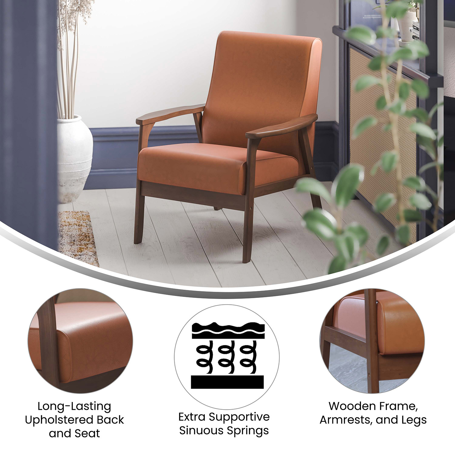 BLNK Langston Commercial LeatherSoft Upholstered Mid Century Modern Arm Chair with Walnut Finished Wooden Frame and Arms - Cognac