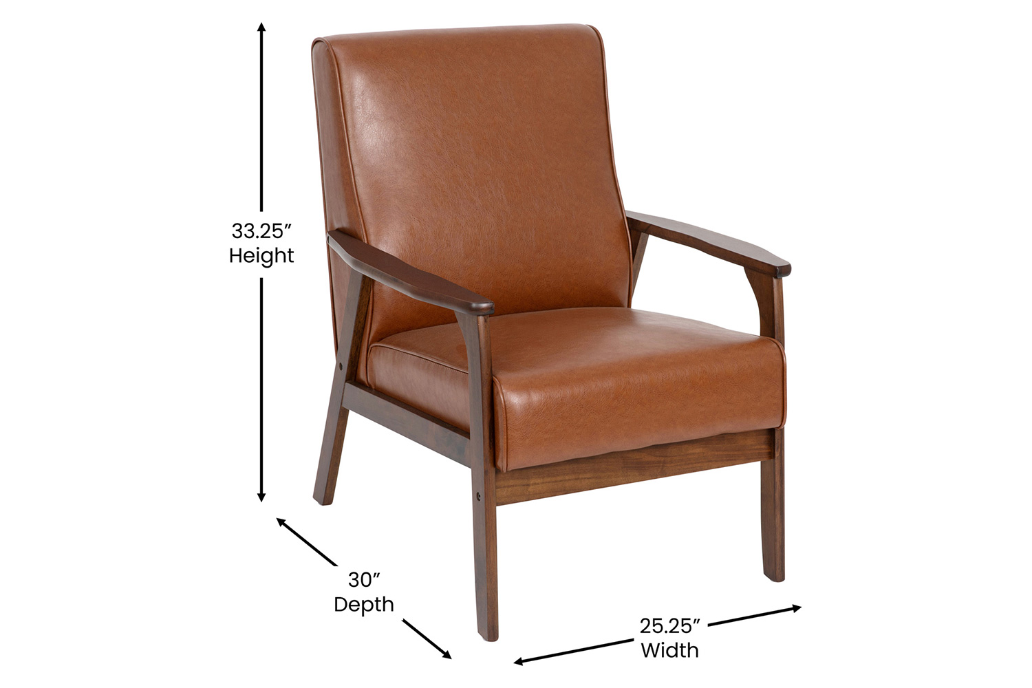 BLNK Langston Commercial LeatherSoft Upholstered Mid Century Modern Arm Chair with Walnut Finished Wooden Frame and Arms - Cognac