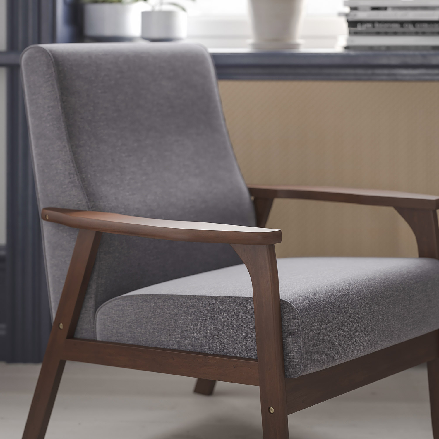 BLNK - Langston Commercial Faux Linen Upholstered Mid Century Modern Arm Chair with Walnut Finished Wooden Frame and Arms