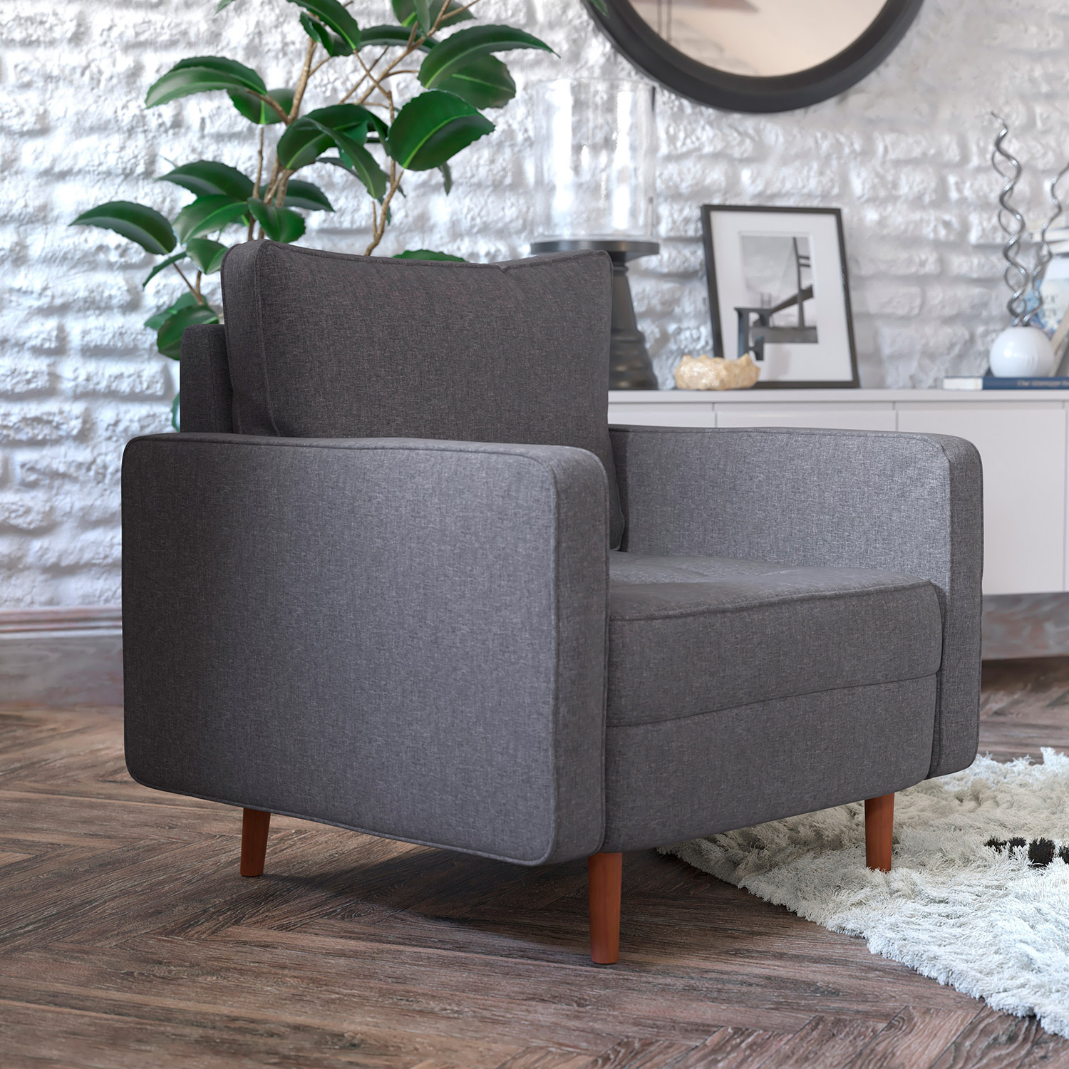 BLNK Hudson Commercial Mid-Century Modern Arm Chair with Tufted Faux Linen Upholstery and Solid Wood Legs - Dark Gray