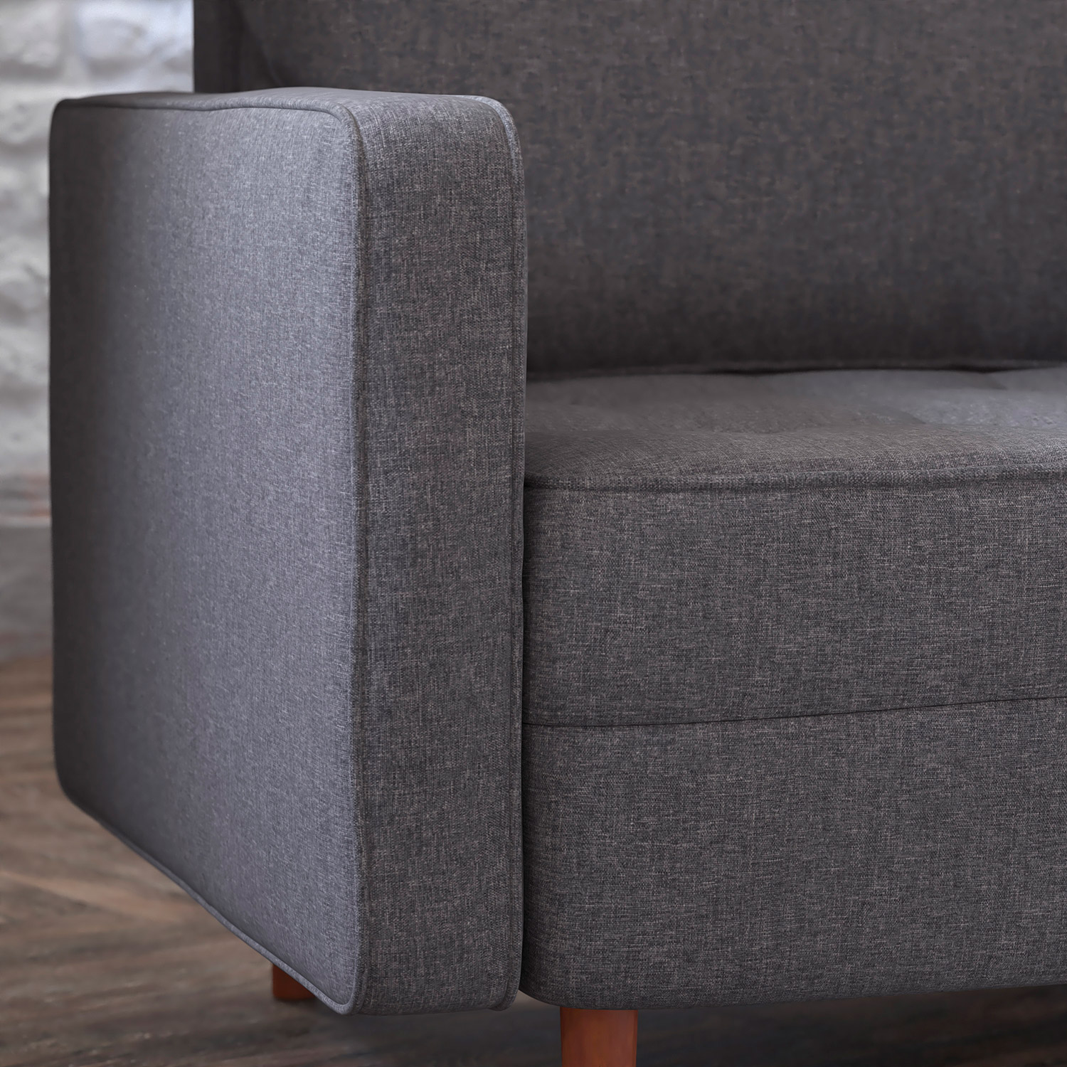 BLNK Hudson Commercial Mid-Century Modern Arm Chair with Tufted Faux Linen Upholstery and Solid Wood Legs - Dark Gray