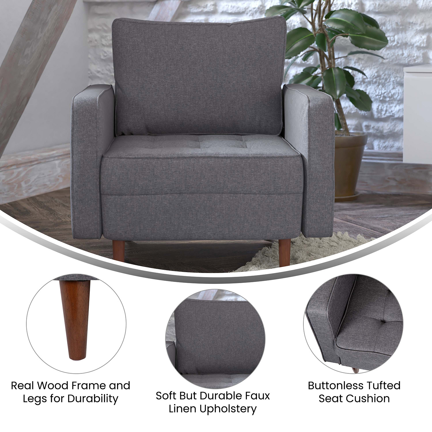 BLNK Hudson Commercial Mid-Century Modern Arm Chair with Tufted Faux Linen Upholstery and Solid Wood Legs - Dark Gray