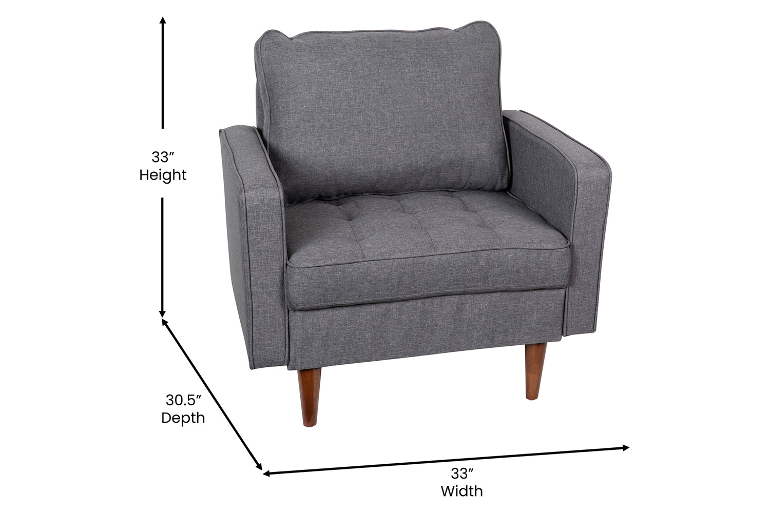 BLNK Hudson Commercial Mid-Century Modern Arm Chair with Tufted Faux Linen Upholstery and Solid Wood Legs - Dark Gray