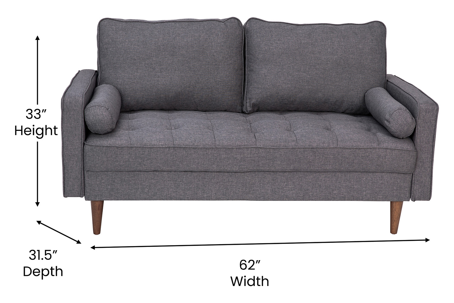 BLNK Hudson Mid-Century Modern Loveseat Sofa with Tufted Faux Linen Upholstery and Solid Wood Legs - Slate Gray