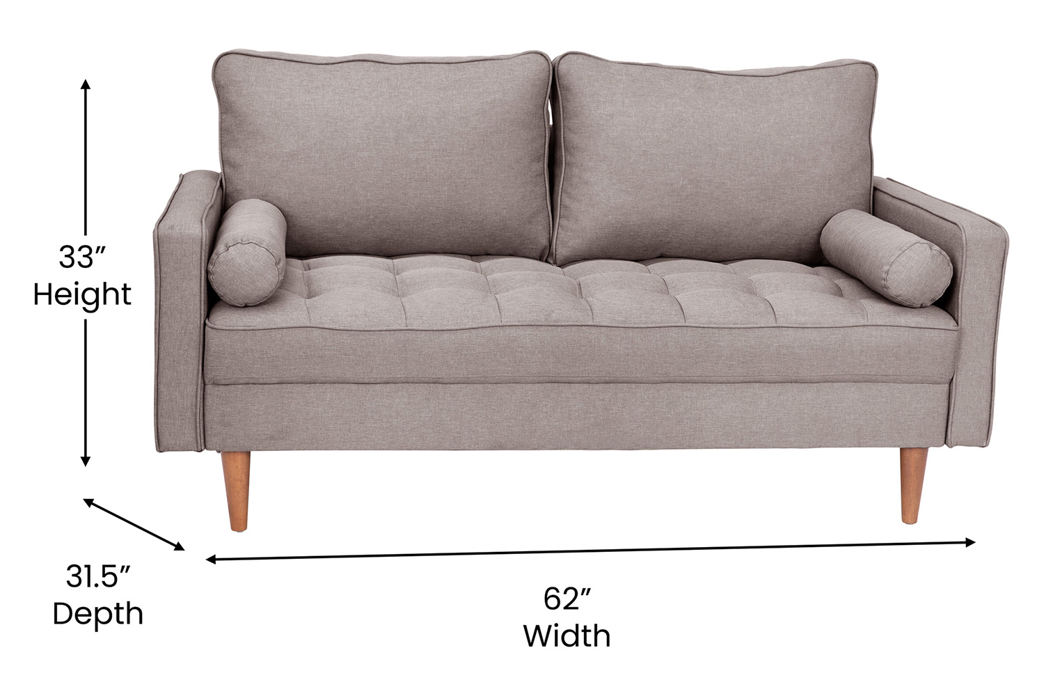 BLNK Hudson Mid-Century Modern Loveseat Sofa with Tufted Faux Linen Upholstery and Solid Wood Legs - Light Gray