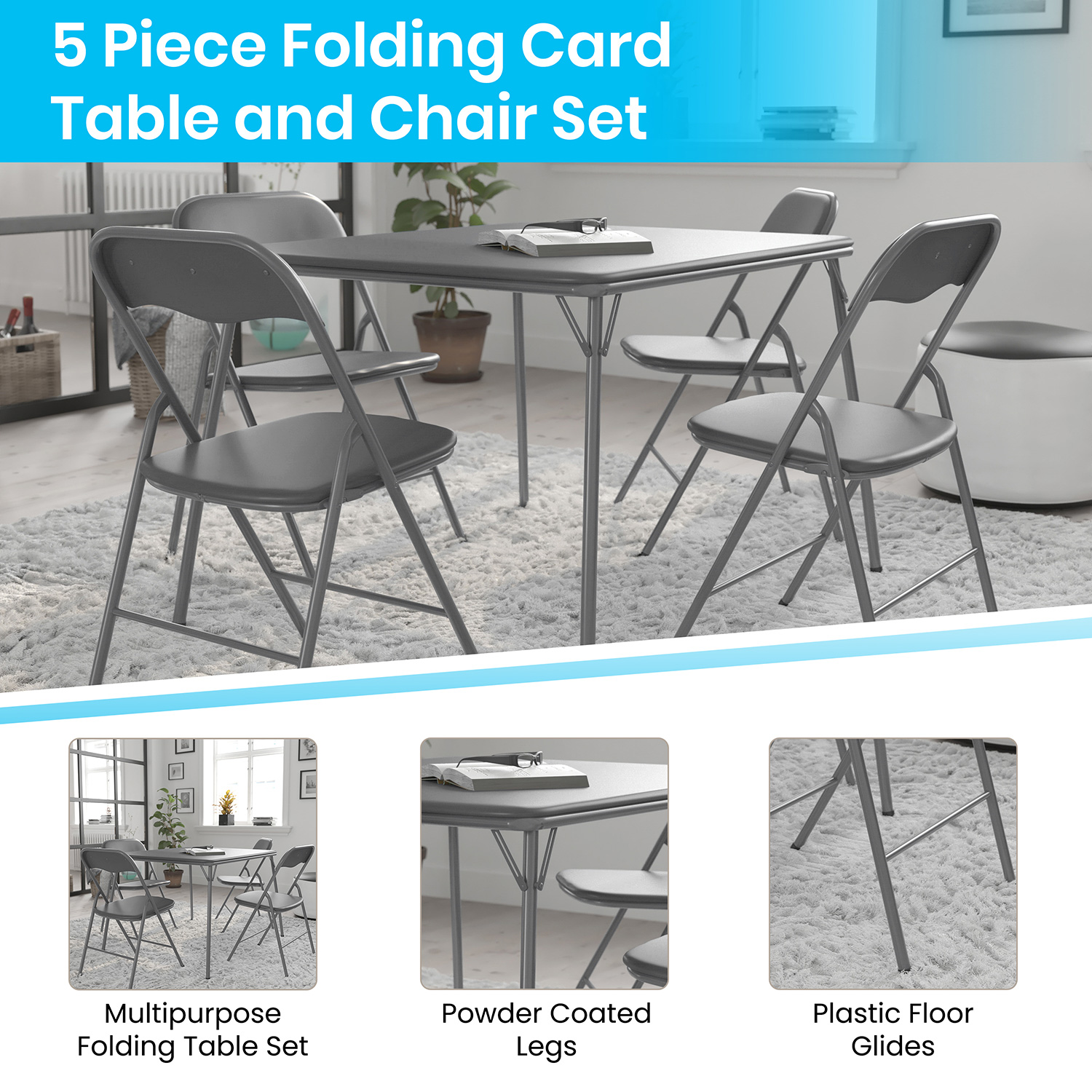 BLNK Madison Folding Card Table and Chair Set 5 Piece - Gray
