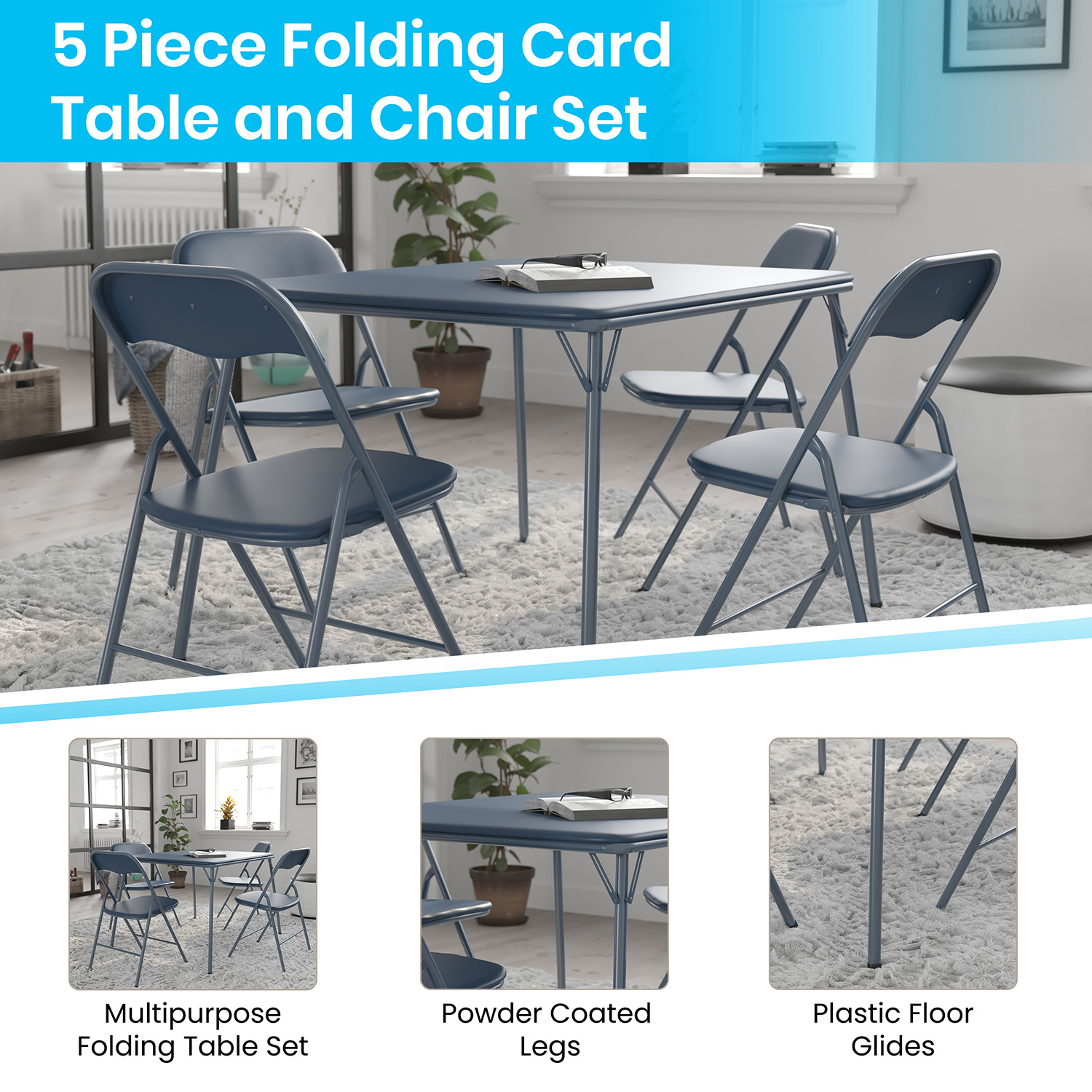 BLNK Madison Folding Card Table and Chair Set 5 Piece - Navy