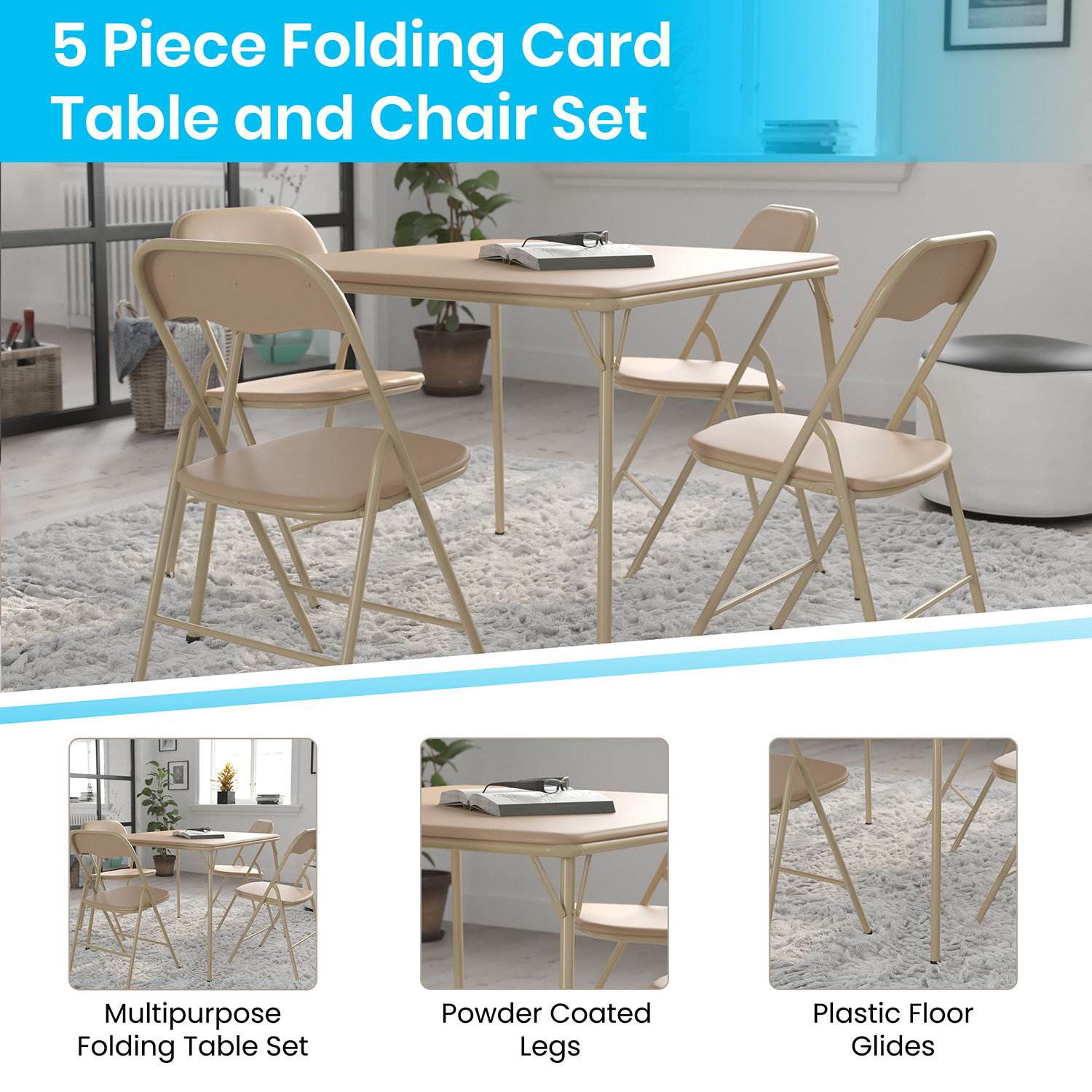 BLNK Madison Folding Card Table and Chair Set 5 Piece - Tan
