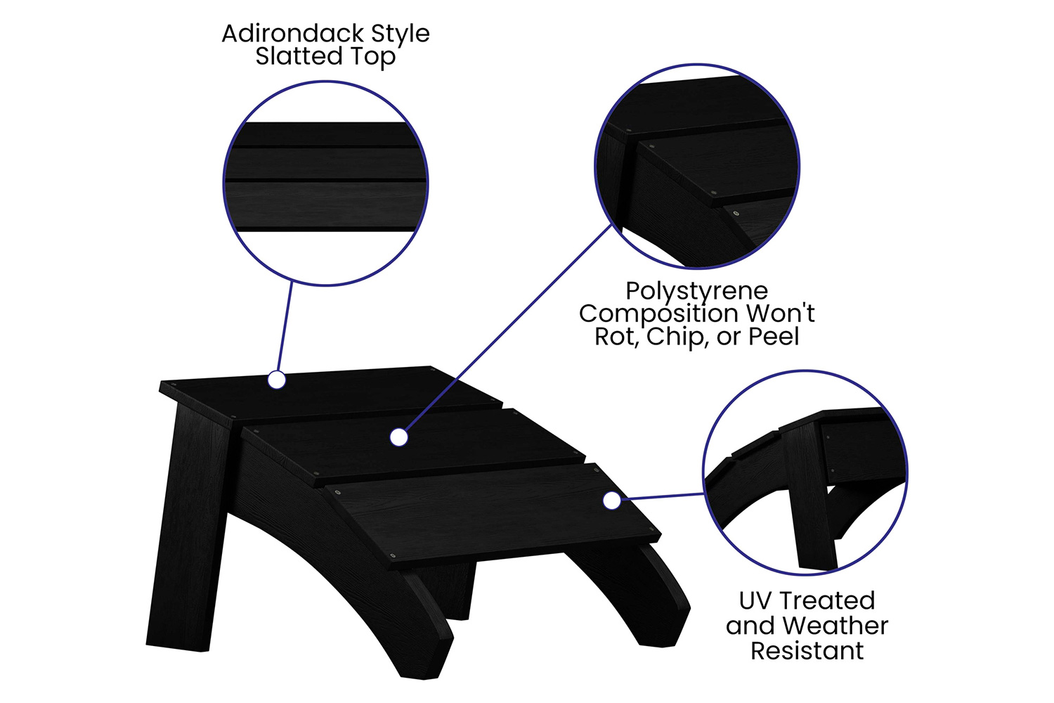 BLNK Sawyer Commercial All-Weather Poly Resin Wood Adirondack Ottoman Foot Rest - Black
