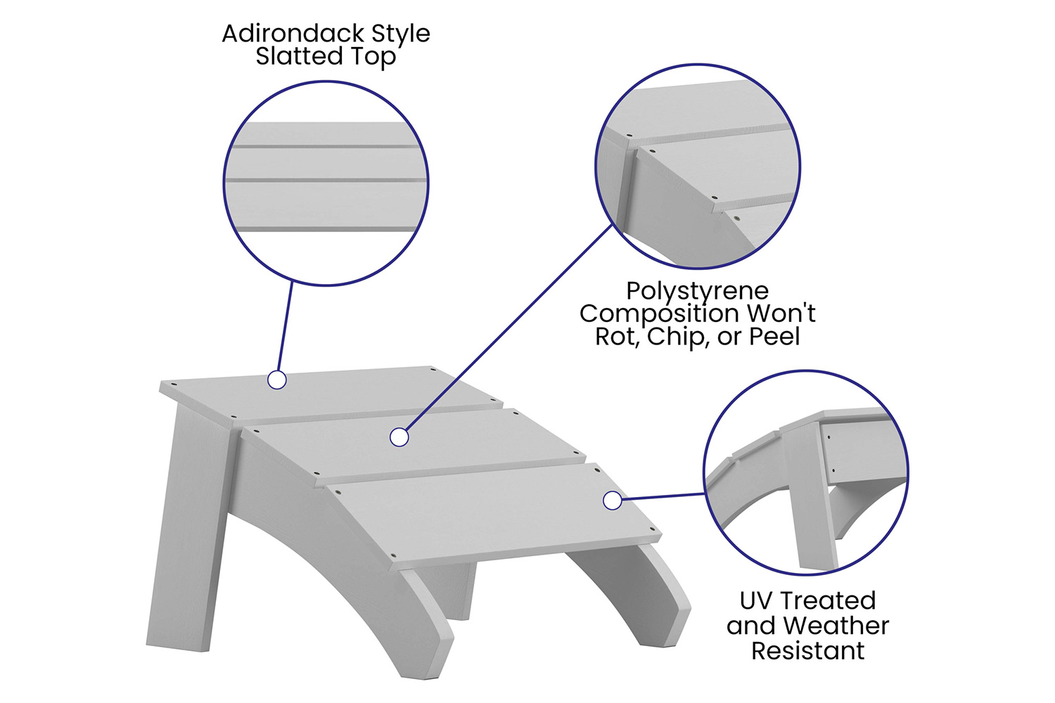 BLNK Sawyer Commercial All-Weather Poly Resin Wood Adirondack Ottoman Foot Rest - White