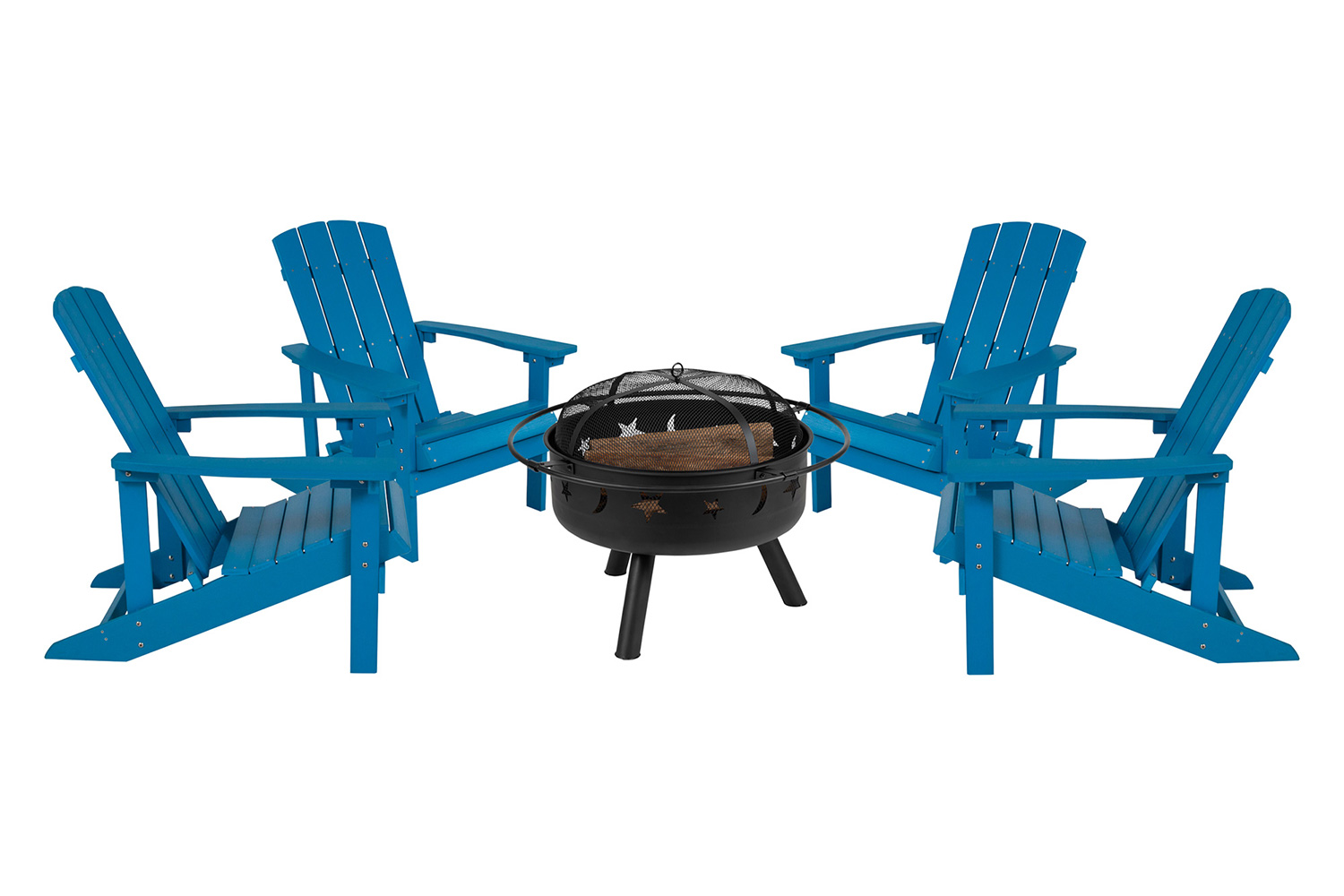 BLNK Charlestown Commercial Poly Resin Wood Adirondack Chair Set with Star and Moon Firepit with Mesh Cover 5 Piece - Blue