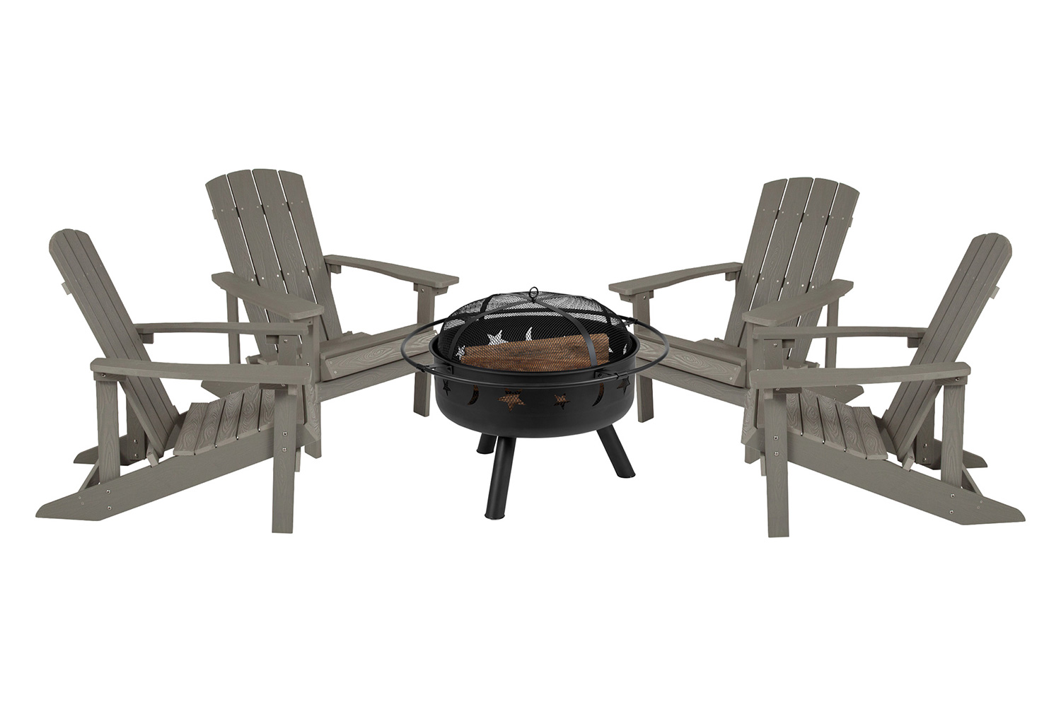BLNK Charlestown Commercial Poly Resin Wood Adirondack Chair Set with Star and Moon Firepit with Mesh Cover 5 Piece - Gray