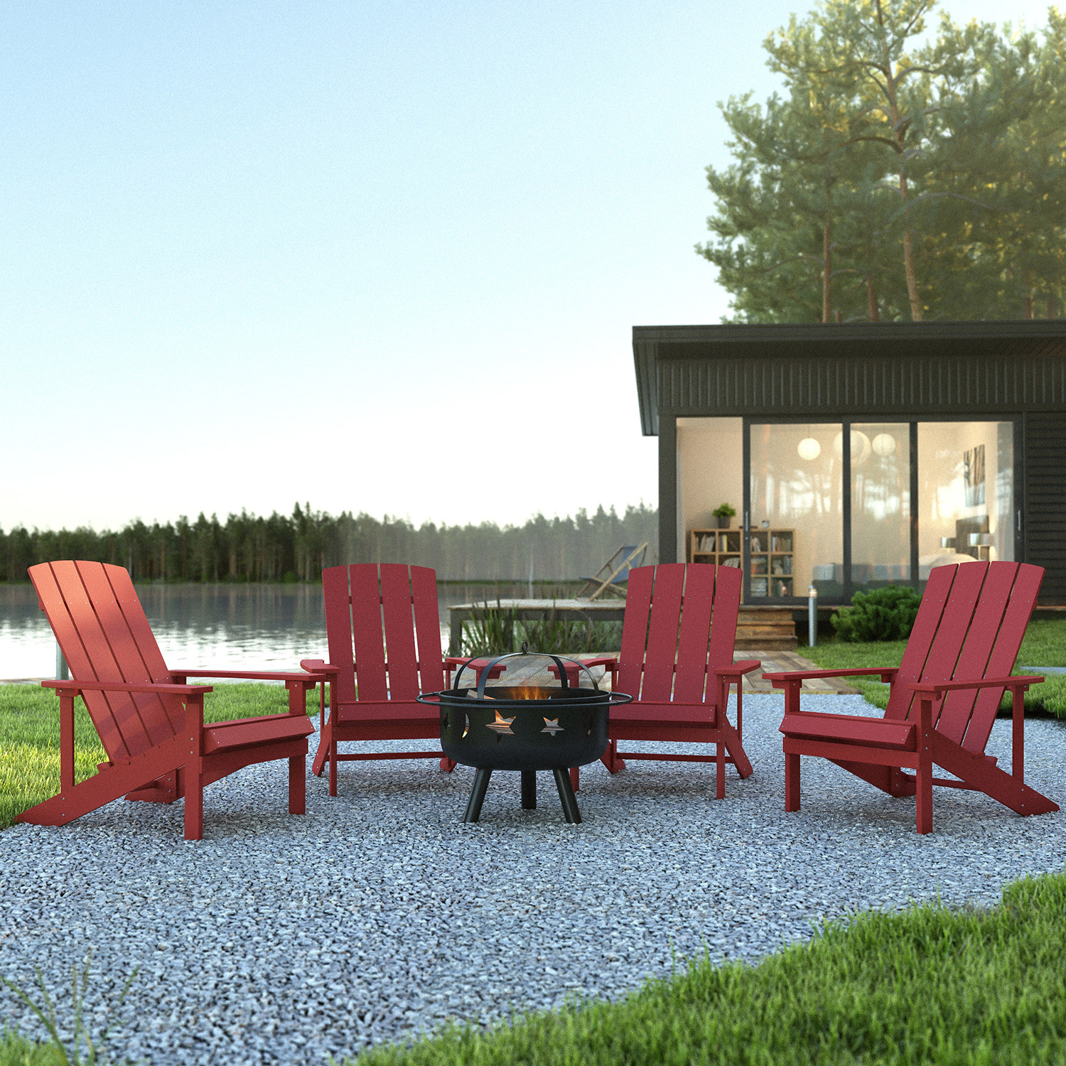 BLNK - Charlestown Commercial Poly Resin Wood Adirondack Chair Set with Star and Moon Firepit with Mesh Cover 5 Piece