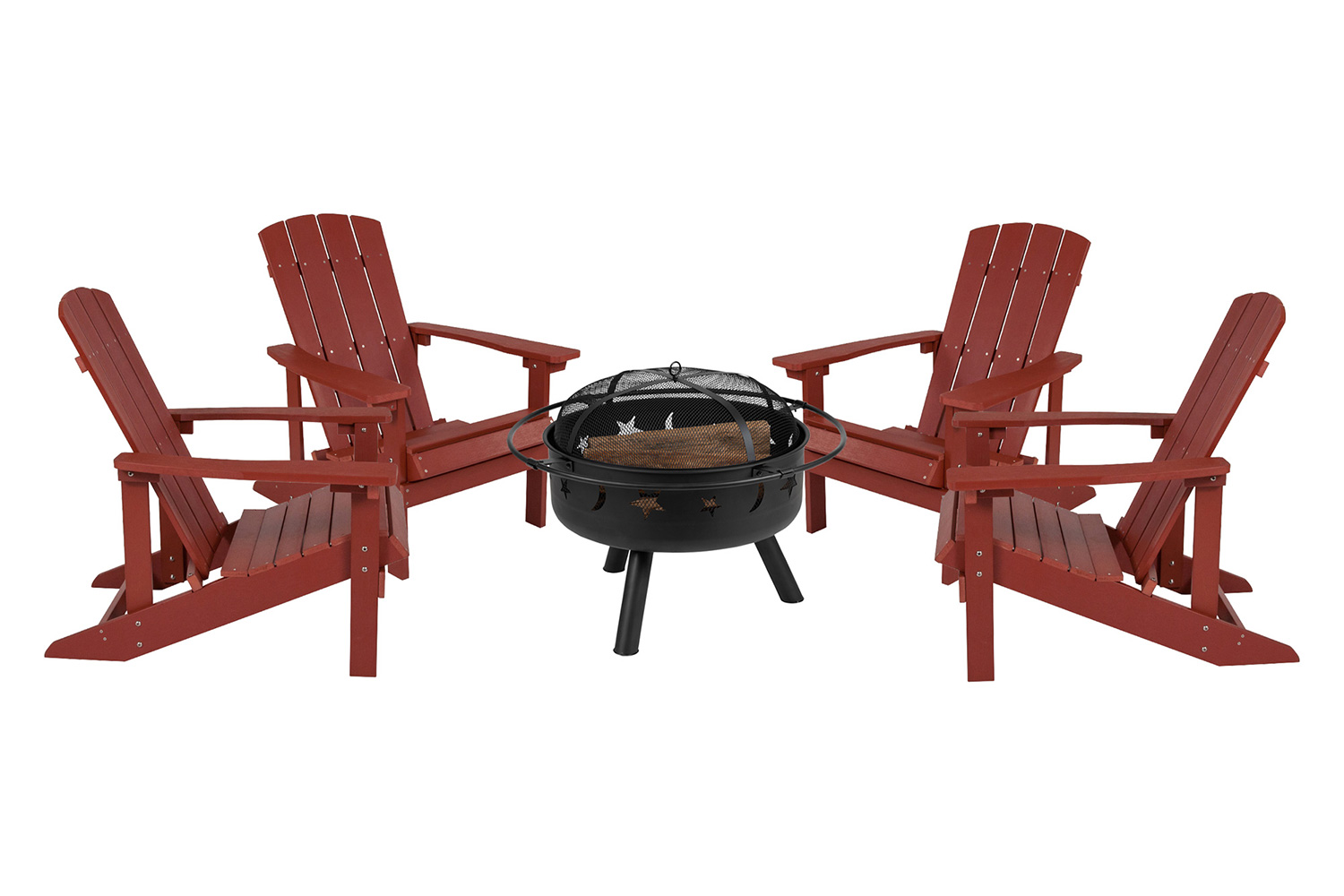 BLNK Charlestown Commercial Poly Resin Wood Adirondack Chair Set with Star and Moon Firepit with Mesh Cover 5 Piece - Red