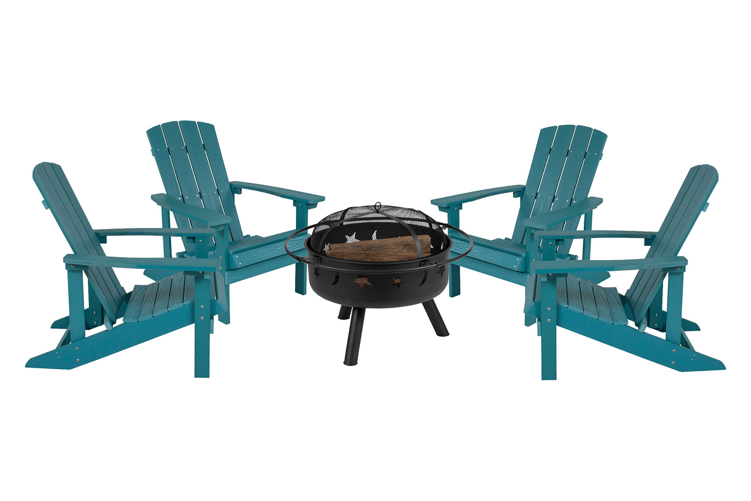 BLNK Charlestown Commercial Poly Resin Wood Adirondack Chair Set with Star and Moon Firepit with Mesh Cover 5 Piece - Sea Foam