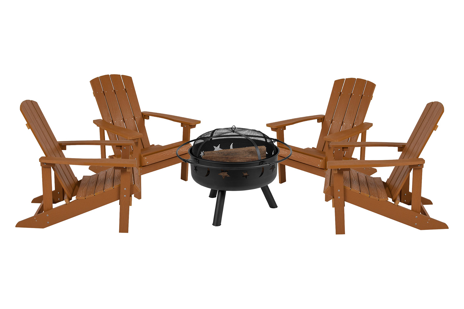 BLNK Charlestown Commercial Poly Resin Wood Adirondack Chair Set with Star and Moon Firepit with Mesh Cover 5 Piece - Teak