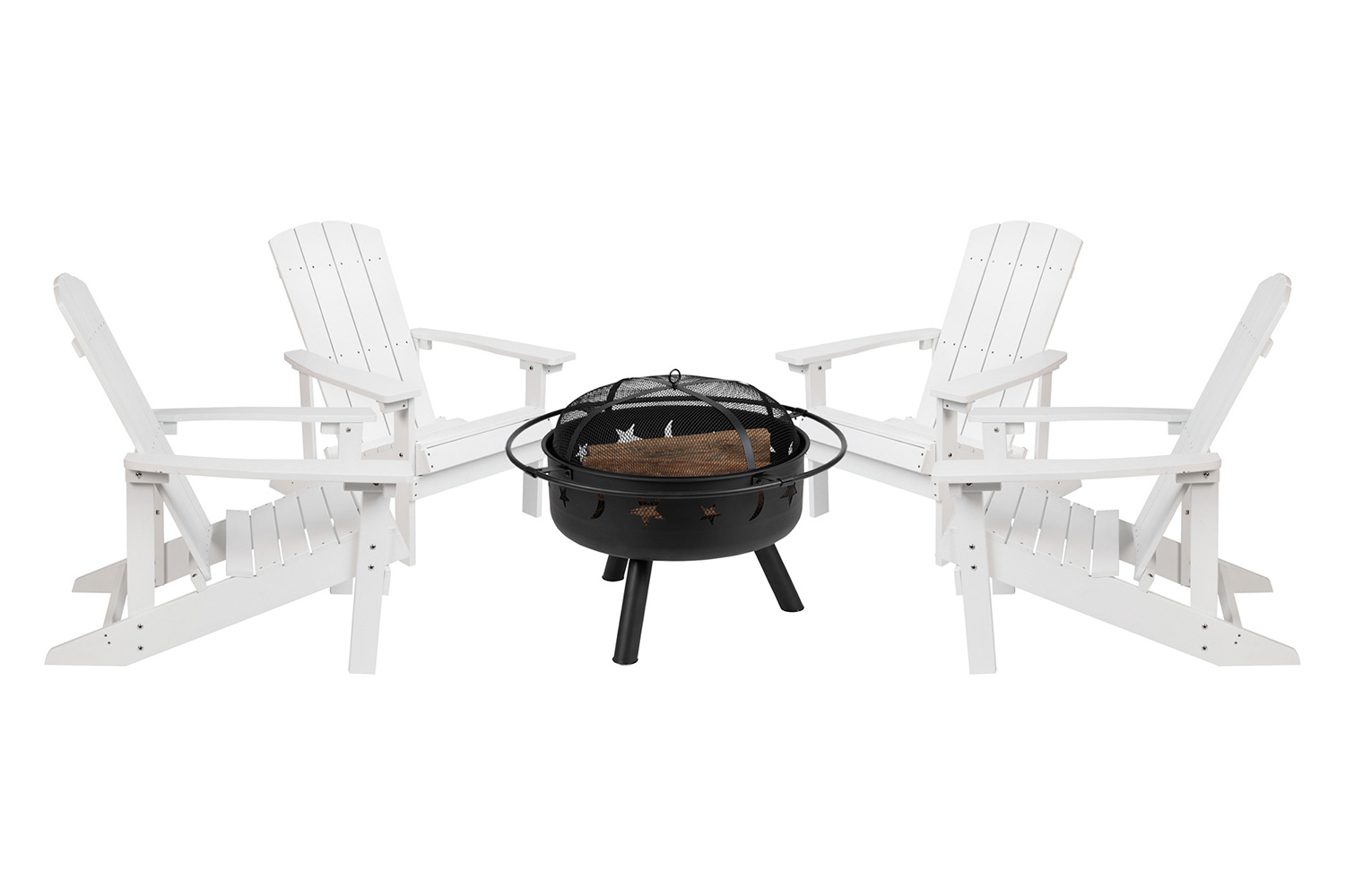 BLNK Charlestown Commercial Poly Resin Wood Adirondack Chair Set with Star and Moon Firepit with Mesh Cover 5 Piece - White